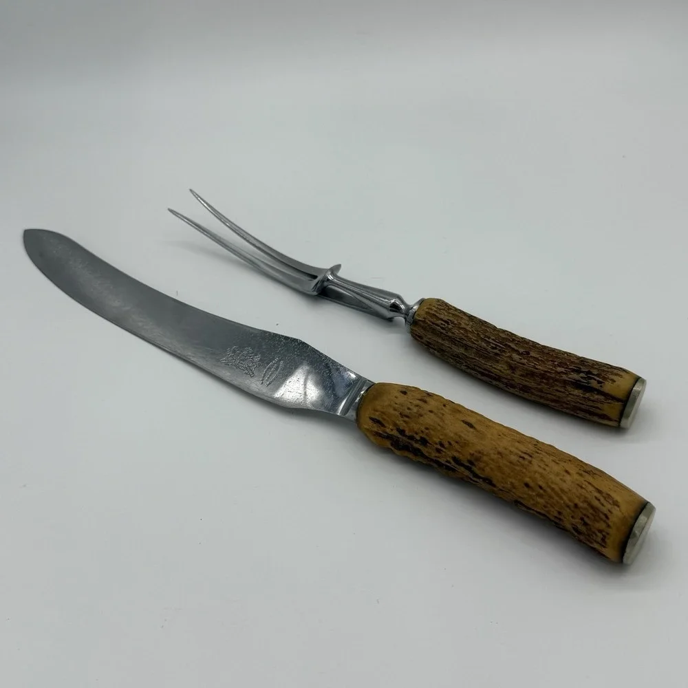W.R. Humphreys & Co Antler Handle 2pc Carving Set Knife & Fork Sheffield England
